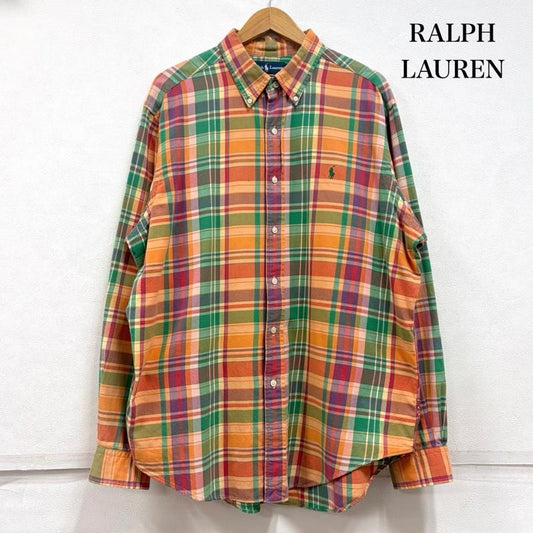ラルフローレン RALPHLAUREN シャツ、ブラウス 長袖 90s ボタンダウン クラシックフィット 長袖 マドラスチェックシャツ ポニー刺繡 ネルシャツ vintage ヴィンテージ XL チェック X ロゴ、文字 X 刺繍 橙 / オレンジ / orange X 緑 / グリーン / green X 桃 / ピンク / pink X 紫 / パープル / purple メンズ USED 古着 中古 50160411