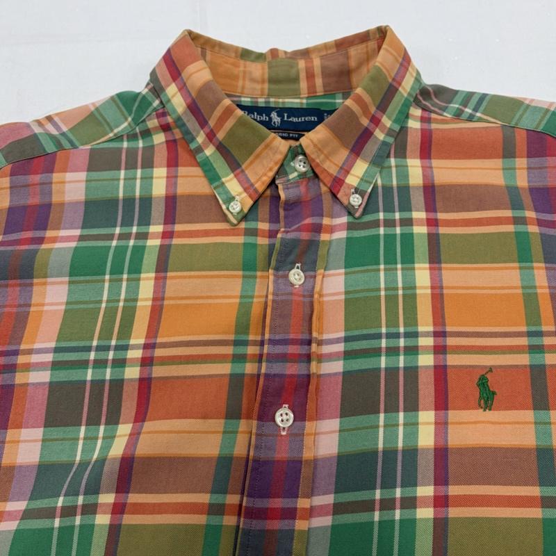 ラルフローレン RALPHLAUREN シャツ、ブラウス 長袖 90s ボタンダウン クラシックフィット 長袖 マドラスチェックシャツ ポニー刺繡 ネルシャツ vintage ヴィンテージ XL チェック X ロゴ、文字 X 刺繍 橙 / オレンジ / orange X 緑 / グリーン / green X 桃 / ピンク / pink X 紫 / パープル / purple メンズ USED 古着 中古 50160411