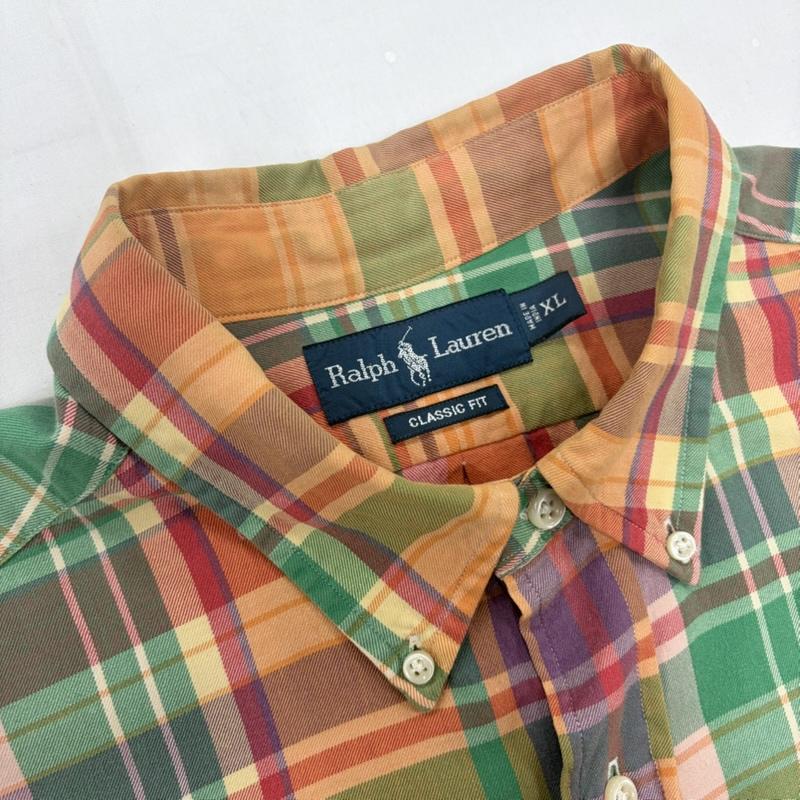ラルフローレン RALPHLAUREN シャツ、ブラウス 長袖 90s ボタンダウン クラシックフィット 長袖 マドラスチェックシャツ ポニー刺繡 ネルシャツ vintage ヴィンテージ XL チェック X ロゴ、文字 X 刺繍 橙 / オレンジ / orange X 緑 / グリーン / green X 桃 / ピンク / pink X 紫 / パープル / purple メンズ USED 古着 中古 50160411