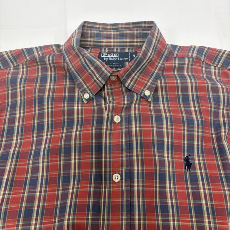 ポロバイラルフローレン Polo by RALPH LAUREN シャツ、ブラウス 半袖 90s OLD ボタンダウン 半袖 チェックシャツ ポニー刺繡 BLAIRE ヴィンテージ M チェック X ワンポイント X ロゴ、文字 X 刺繍 赤 / レッド / red X 紺 / ネイビー / navy メンズ USED 古着 中古 50160419