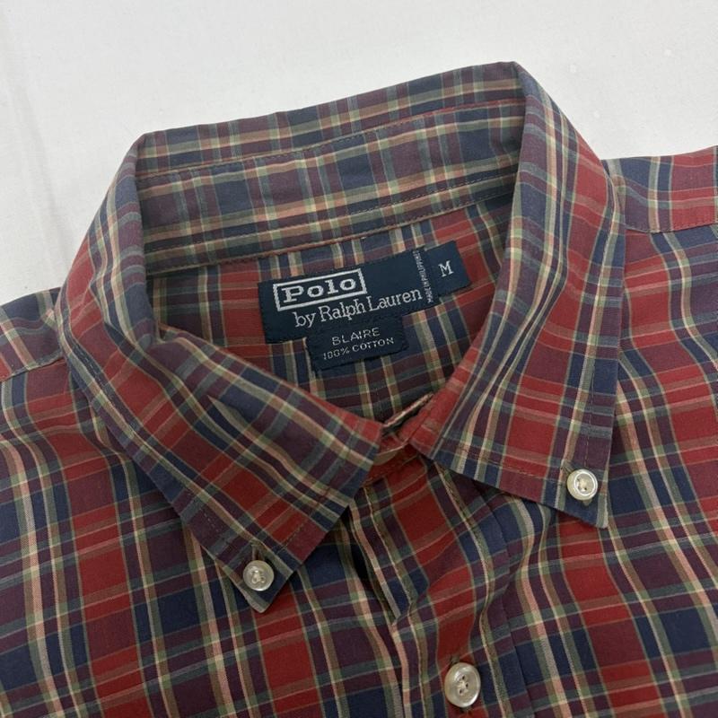 ポロバイラルフローレン Polo by RALPH LAUREN シャツ、ブラウス 半袖 90s OLD ボタンダウン 半袖 チェックシャツ ポニー刺繡 BLAIRE ヴィンテージ M チェック X ワンポイント X ロゴ、文字 X 刺繍 赤 / レッド / red X 紺 / ネイビー / navy メンズ USED 古着 中古 50160419