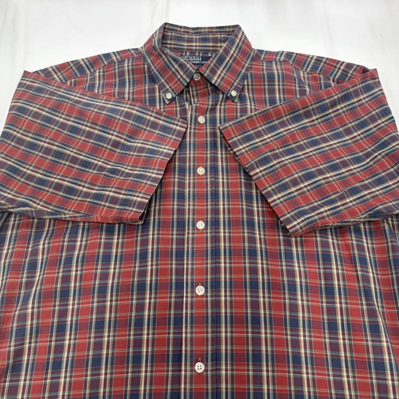 ポロバイラルフローレン Polo by RALPH LAUREN シャツ、ブラウス 半袖 90s OLD ボタンダウン 半袖 チェックシャツ ポニー刺繡 BLAIRE ヴィンテージ M チェック X ワンポイント X ロゴ、文字 X 刺繍 赤 / レッド / red X 紺 / ネイビー / navy メンズ USED 古着 中古 50160419