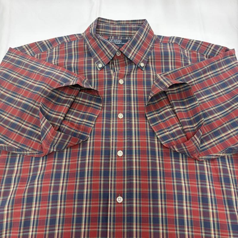 ポロバイラルフローレン Polo by RALPH LAUREN シャツ、ブラウス 半袖 90s OLD ボタンダウン 半袖 チェックシャツ ポニー刺繡 BLAIRE ヴィンテージ M チェック X ワンポイント X ロゴ、文字 X 刺繍 赤 / レッド / red X 紺 / ネイビー / navy メンズ USED 古着 中古 50160419