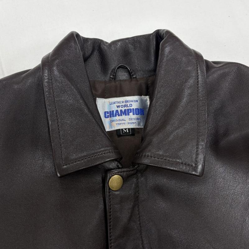 チャンピオン Champion ジャケット、上着 レザージャケット 90s WORLD CHAMPION 牛側 レザー ジャケット フルジップ ジップアップ ブルゾン フライト ヴィンテージ M 無地 茶 / ブラウン / brown メンズ USED 古着 中古 50160509