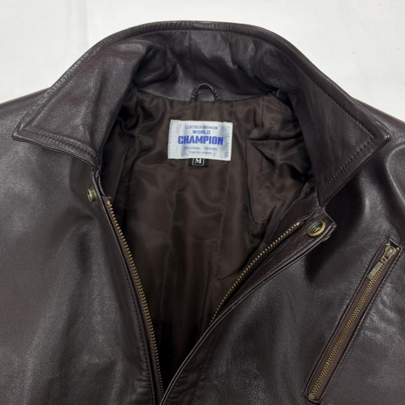 チャンピオン Champion ジャケット、上着 レザージャケット 90s WORLD CHAMPION 牛側 レザー ジャケット フルジップ ジップアップ ブルゾン フライト ヴィンテージ M 無地 茶 / ブラウン / brown メンズ USED 古着 中古 50160509