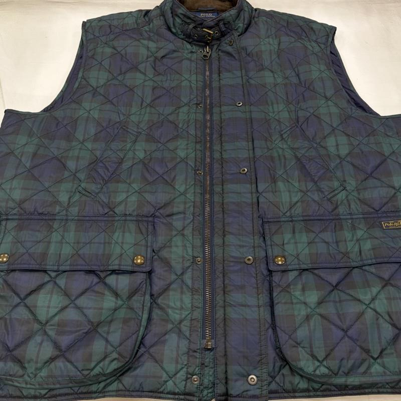 ポロラルフローレン POLO RALPH LAUREN ベスト ベスト キルティング ベスト コーデュロイカラー チェック フルジップ ジップアップ ナイロン - チェック X ワンポイント X ロゴ、文字 X 刺繍 緑 / グリーン / green X 紺 / ネイビー / navy メンズ USED 古着 中古 50160530