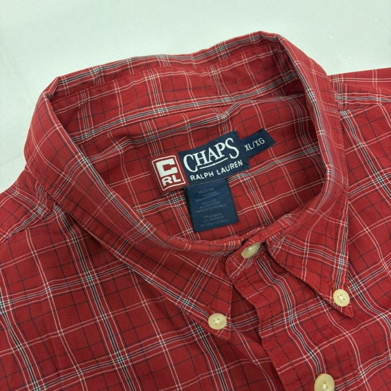 チャップス CHAPS シャツ、ブラウス 半袖 90s ボタンダウン 半袖 チェックシャツ ラルフローレン ヴィンテージ XL チェック X ワンポイント X ロゴ、文字 X 刺繍 赤 / レッド / red X 紺 / ネイビー / navy メンズ USED 古着 中古 50160631