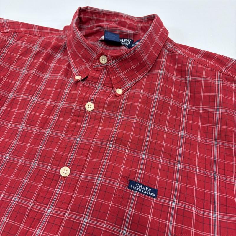 チャップス CHAPS シャツ、ブラウス 半袖 90s ボタンダウン 半袖 チェックシャツ ラルフローレン ヴィンテージ XL チェック X ワンポイント X ロゴ、文字 X 刺繍 赤 / レッド / red X 紺 / ネイビー / navy メンズ USED 古着 中古 50160631