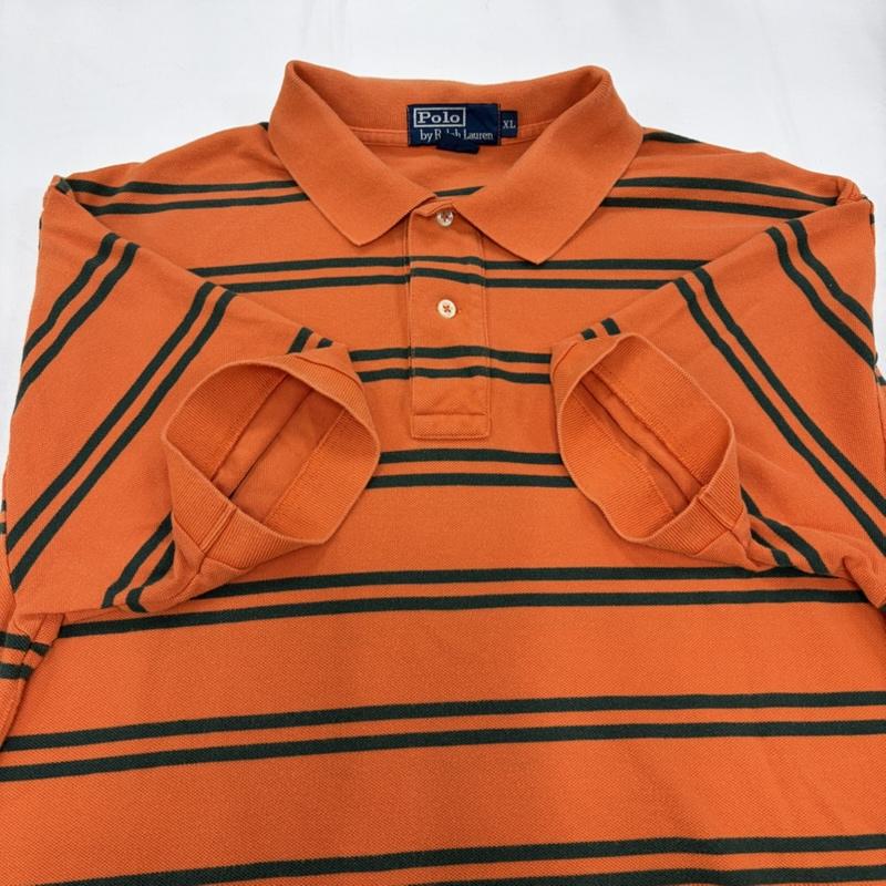 ポロバイラルフローレン Polo by RALPH LAUREN ポロシャツ 半袖 90s 半袖 ボーダー ポロシャツ ポニー刺繡 XL ボーダー柄 X ワンポイント X ロゴ、文字 X 刺繍 橙 / オレンジ / orange X 緑 / グリーン / green X 紺 / ネイビー / navy メンズ USED 古着 中古 50160632
