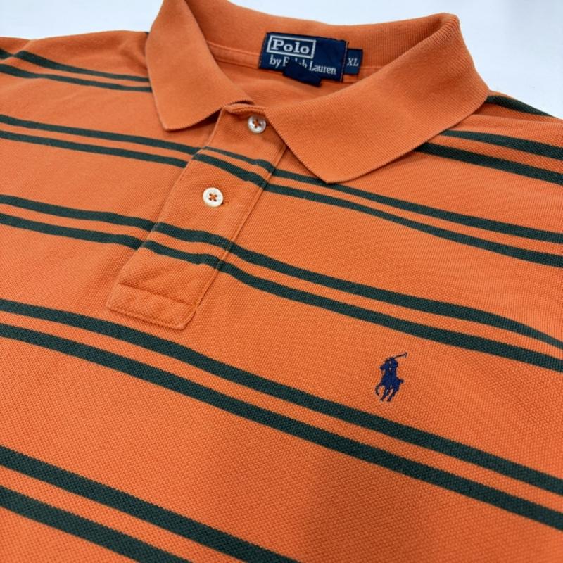ポロバイラルフローレン Polo by RALPH LAUREN ポロシャツ 半袖 90s 半袖 ボーダー ポロシャツ ポニー刺繡 XL ボーダー柄 X ワンポイント X ロゴ、文字 X 刺繍 橙 / オレンジ / orange X 緑 / グリーン / green X 紺 / ネイビー / navy メンズ USED 古着 中古 50160632