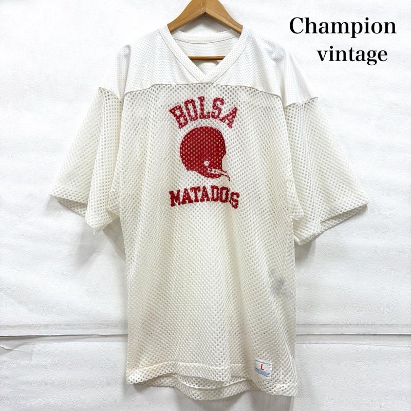 チャンピオン Champion トップス トップス vintage ヴィンテージ 半袖 フットボール シャツ メッシュ ロゴ プリント USA製 L ロゴ、文字 X プリント 白 / ホワイト / white X 赤 / レッド / red メンズ USED 古着 中古 50160637