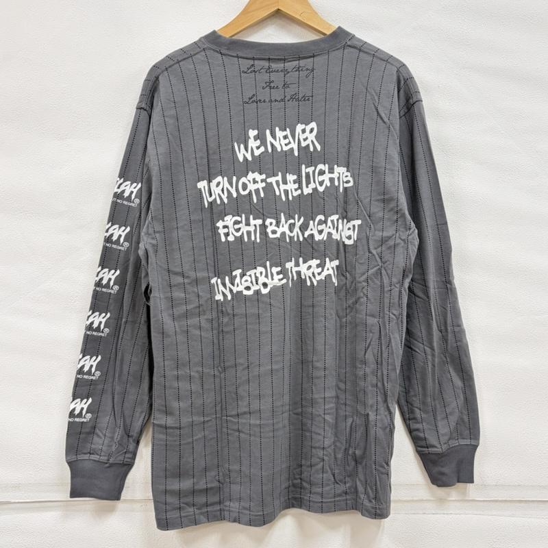 レフラー LEFLAH Tシャツ 長袖 ピンストライプ ロゴ プリント 長袖 Tシャツ ロンT グラフィック L ロゴ、文字 X プリント 灰 / グレー / gray X 黒 / ブラック / black X 赤 / レッド / red X 白 / ホワイト / white メンズ USED 古着 中古 50160638