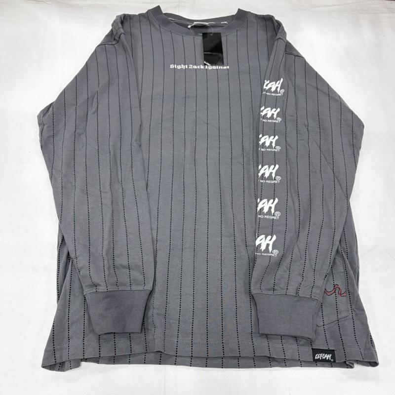 レフラー LEFLAH Tシャツ 長袖 ピンストライプ ロゴ プリント 長袖 Tシャツ ロンT グラフィック L ロゴ、文字 X プリント 灰 / グレー / gray X 黒 / ブラック / black X 赤 / レッド / red X 白 / ホワイト / white メンズ USED 古着 中古 50160638