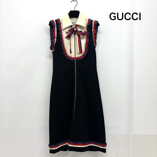 グッチ GUCCI ワンピース ロングスカート ワンピース トリコロール カラーリボン リボン ノースリーブ 501481-X7A97 S 黒 / ブラック / black レディース USED 古着 中古 50160749