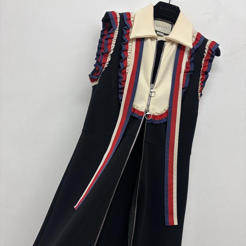 グッチ GUCCI ワンピース ロングスカート ワンピース トリコロール カラーリボン リボン ノースリーブ 501481-X7A97 S 黒 / ブラック / black レディース USED 古着 中古 50160749