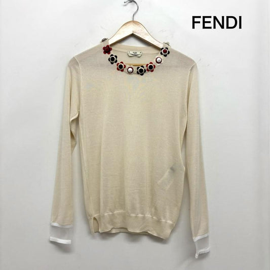 フェンディ FENDI ニット、セーター 長袖 フラワースタッズ トップス ニット カシミア混 薄手 38 白 / ホワイト / white レディース USED 古着 中古 50160750