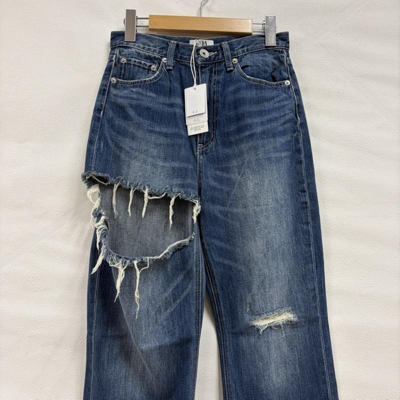ジェイダ GYDA パンツ デニム、ジーンズ SIDE RIPPED ストレート ワイド デニム パンツ サイド リップドペグトップ 072422408201 M ダメージ加工 インディゴ / インディゴ / Indigo レディース USED 古着 中古 50160956