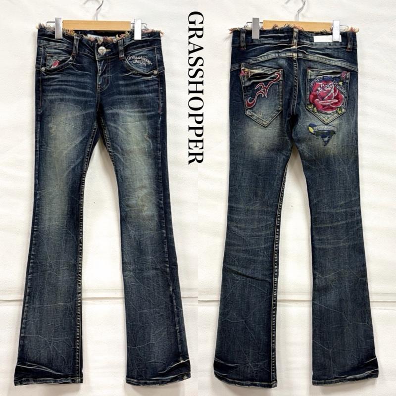 古着 USED パンツ デニム、ジーンズ GRASSHOPPER グラスホッパー ローライズ ブーツカット デニム フレア 刺繍 Y2K ダメージ バラ 26インチ 刺繍 インディゴ / インディゴ / Indigo X マルチカラー / マルチカラー / multicolor レディース USED 古着 中古 50160978