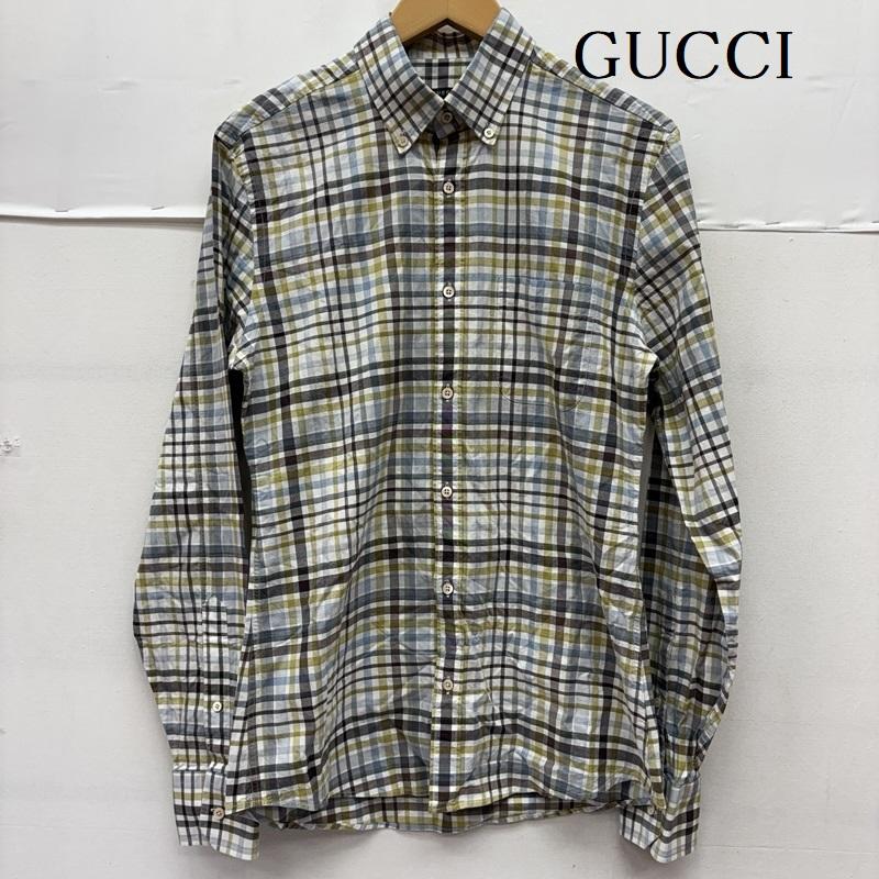 グッチ GUCCI シャツ、ブラウス 長袖 イタリア製 コットン チェック シャツ M 黒 / ブラック / black X 水色 / ライトブルー / X 茶 / ブラウン / brown X マスタード / マスタード / メンズ USED 古着 中古 50161031