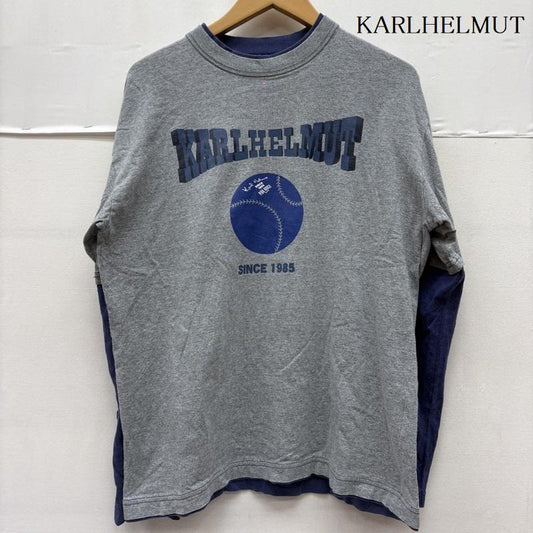 カールヘルム KARLHELMUT カットソー 長袖 日本製 コットン フェルト ワッペン プリント 重ね着 レイヤード ロンT カットソー M 灰 / グレー / gray X 紺 / ネイビー / navy メンズ USED 古着 中古 50161034