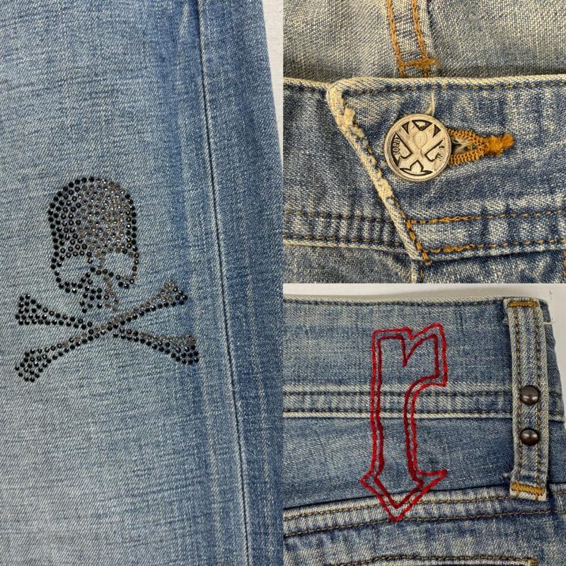 ロエン ROEN パンツ デニム、ジーンズ 日本製 コットン 刺繡 Y2K スカル ラインストーン ストレート デニム パンツ 34 インディゴ / インディゴ / Indigo メンズ USED 古着 中古 50161156