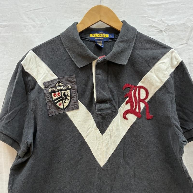 ラルフローレン RALPHLAUREN ポロシャツ 半袖 RUGBY エンブロイダリー ロゴ オールドイングリッシュ フェルト ワッペン ポロシャツ L メンズ USED 古着 中古 50161231