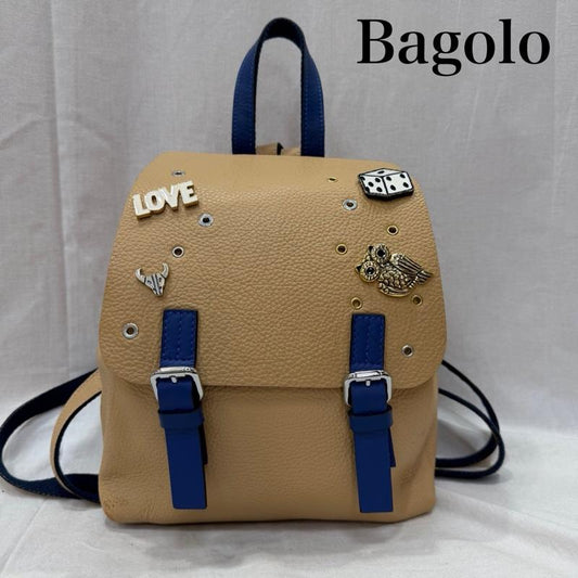 古着 USED リュックサック、デイパック リュックサック、デイバッグ bagolo ITALY製 ピンズカスタムデイパック リュックサック レザー ベージュ×ブルー - ベージュ / ベージュ / beige レディース USED 古着 中古 50161460