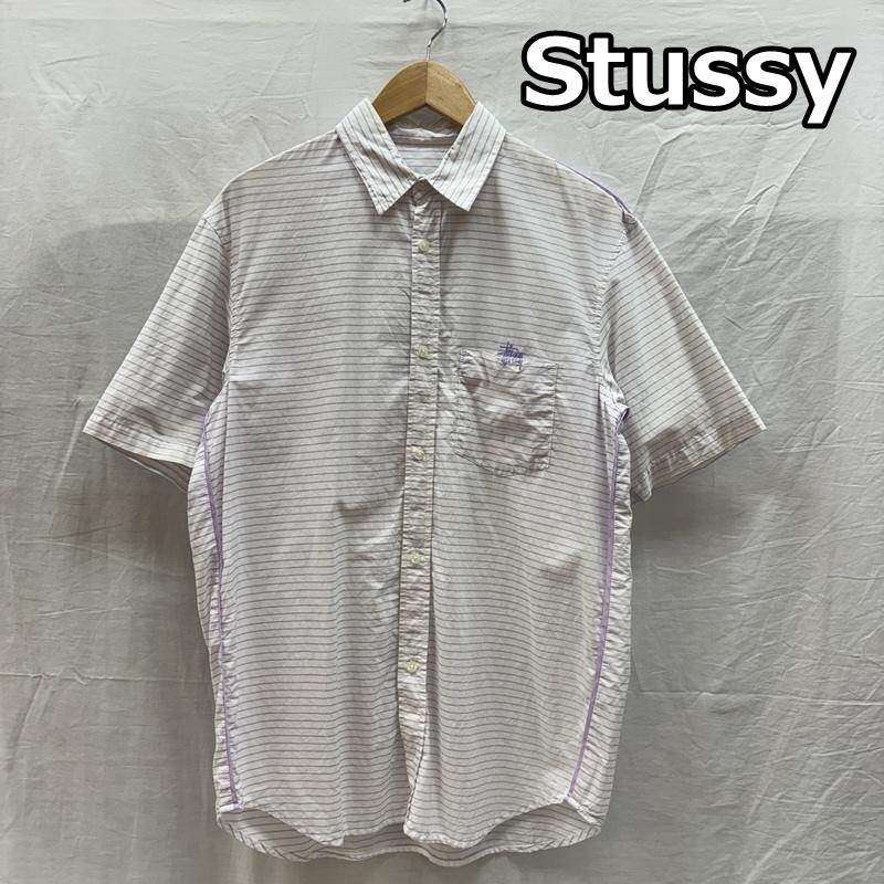 ステューシー STUSSY シャツ、ブラウス 半袖 USA製 ボーダー柄 半袖 シャツ 胸ポケット ロゴ 刺繍 M ボーダー柄 白 / ホワイト / white X 紫 / パープル / purple メンズ USED 古着 中古 50161494