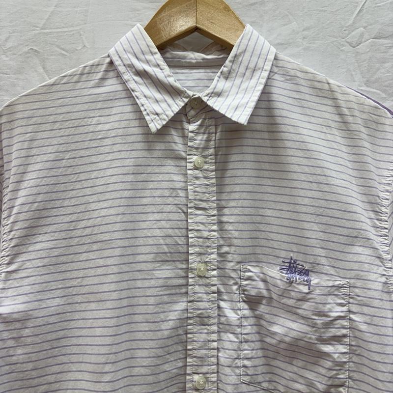 ステューシー STUSSY シャツ、ブラウス 半袖 USA製 ボーダー柄 半袖 シャツ 胸ポケット ロゴ 刺繍 M ボーダー柄 白 / ホワイト / white X 紫 / パープル / purple メンズ USED 古着 中古 50161494