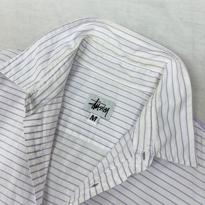 ステューシー STUSSY シャツ、ブラウス 半袖 USA製 ボーダー柄 半袖 シャツ 胸ポケット ロゴ 刺繍 M ボーダー柄 白 / ホワイト / white X 紫 / パープル / purple メンズ USED 古着 中古 50161494