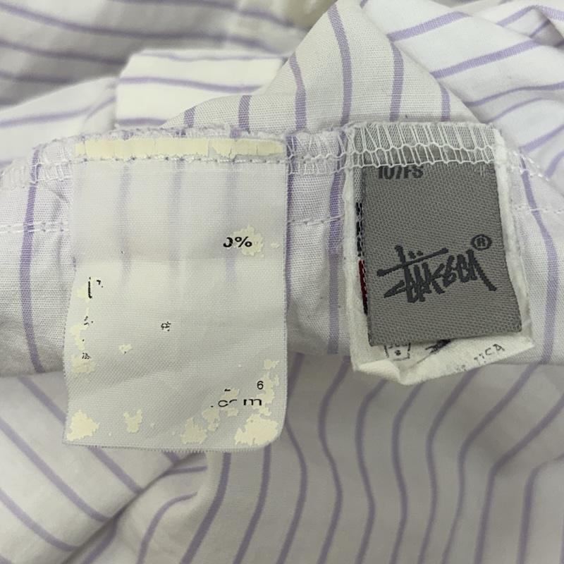ステューシー STUSSY シャツ、ブラウス 半袖 USA製 ボーダー柄 半袖 シャツ 胸ポケット ロゴ 刺繍 M ボーダー柄 白 / ホワイト / white X 紫 / パープル / purple メンズ USED 古着 中古 50161494