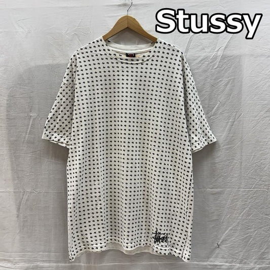 ステューシー STUSSY Tシャツ 半袖 ロゴ 総柄 ストックロゴ ビッグサイズ 半袖 クルーネック Tシャツ XL 白 / ホワイト / white X 黒 / ブラック / black メンズ USED 古着 中古 50161524