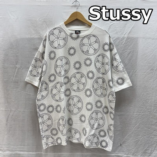 ステューシー STUSSY Tシャツ 半袖 00年代 ギア 歯車 総柄 プリント クルーネック Tシャツ ビッグサイズ 00s XXL 白 / ホワイト / white メンズ USED 古着 中古 50161525