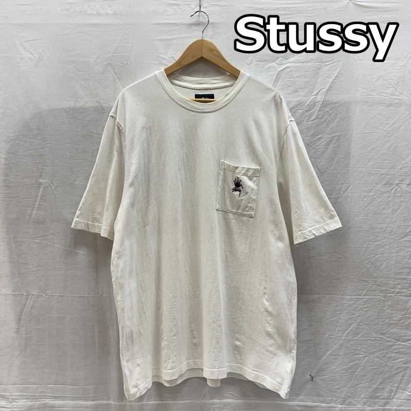 ステューシー STUSSY Tシャツ 半袖 クラウンロゴ 刺繍 ポケット Tシャツ ポケT ビッグサイズ XL 白 / ホワイト / white メンズ USED 古着 中古 50161532