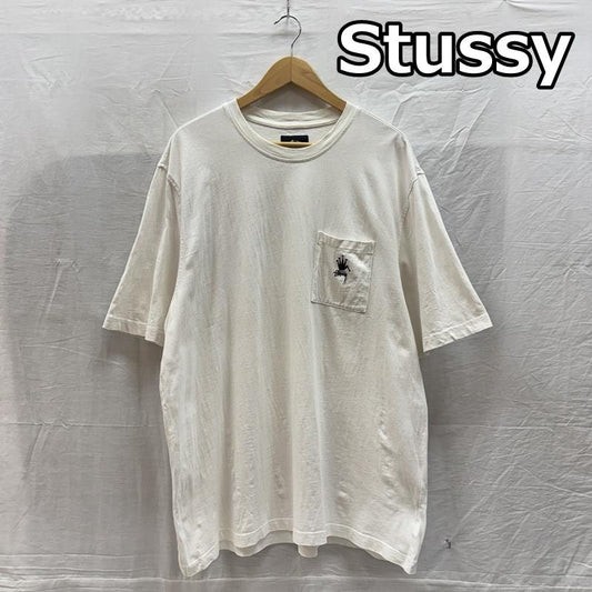 ステューシー STUSSY Tシャツ 半袖 クラウンロゴ 刺繍 ポケット Tシャツ ポケT ビッグサイズ XL 白 / ホワイト / white メンズ USED 古着 中古 50161532