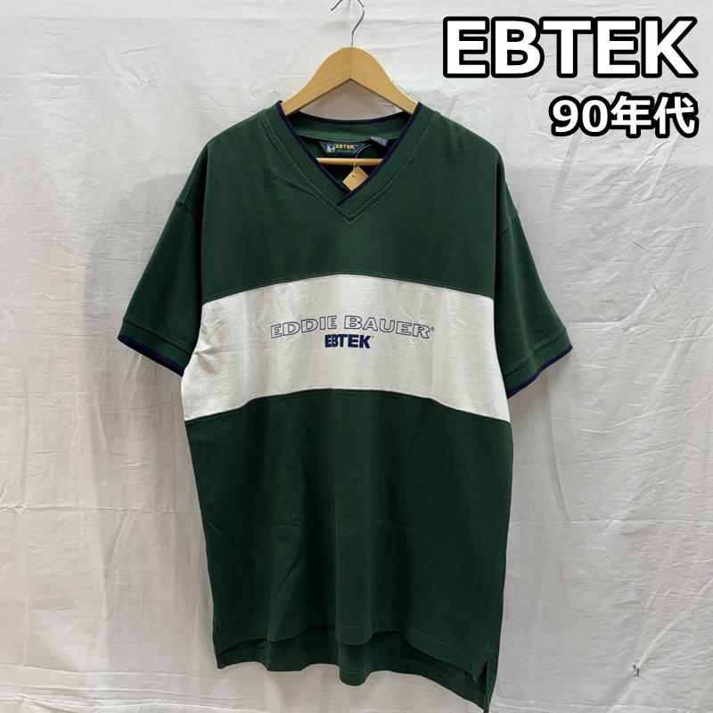 エディーバウアー Eddie Bauer Tシャツ 半袖 90年代 ビンテージ EBTEK パネル切替し Vネック Tシャツ 90s VINTAGE S 緑 / グリーン / green X 白 / ホワイト / white メンズ USED 古着 中古 50161600