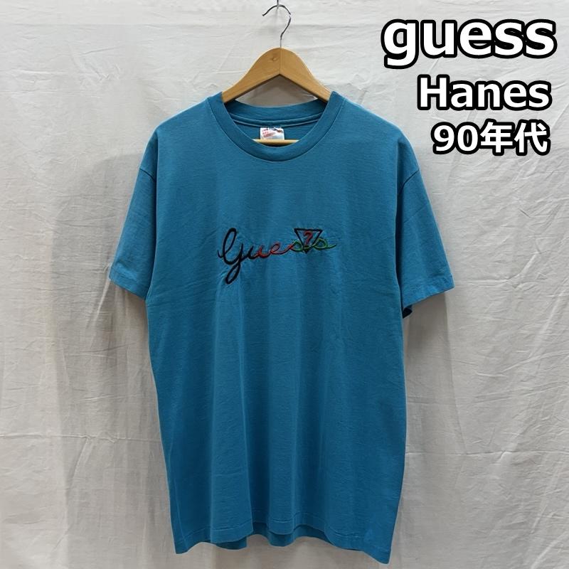 ゲス Guess Tシャツ 半袖 90年代 ビンテージ USA製 Hanes ヘインズ 筆記体 刺繍ロゴ Tシャツ 90s VINTAGE L メンズ USED 古着 中古 50161601