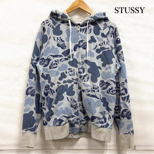 ステューシー STUSSY パーカー 長袖 カモフラ 迷彩 ロゴ 総柄 ジップアップ フルジップ パーカー スウェット S ロゴ、文字 X プリント X カモフラージュ柄・迷彩 青 / ブルー / blue X 灰 / グレー / gray X 紺 / ネイビー / navy メンズ USED 古着 中古 50161778