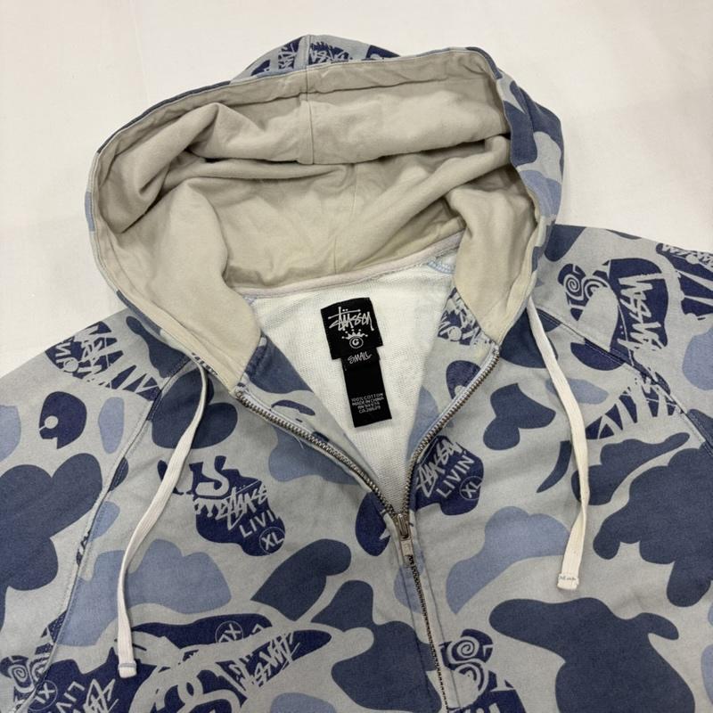ステューシー STUSSY パーカー 長袖 カモフラ 迷彩 ロゴ 総柄 ジップアップ フルジップ パーカー スウェット S ロゴ、文字 X プリント X カモフラージュ柄・迷彩 青 / ブルー / blue X 灰 / グレー / gray X 紺 / ネイビー / navy メンズ USED 古着 中古 50161778