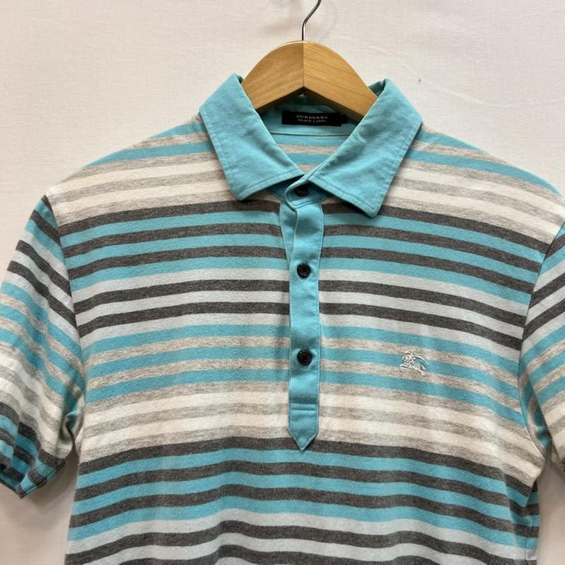 バーバリーブラックレーベル BURBERRY BLACK LABEL ポロシャツ 半袖 ワンポイントロゴ ボーダー ポロシャツ 2 水色 / ライトブルー / X 灰 / グレー / gray メンズ USED 古着 中古 50161931