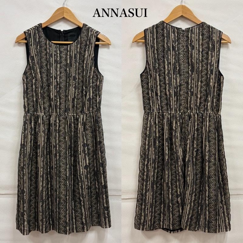 アナスイ ANNASUI ワンピース ひざ丈スカート ノースリーブ ストライプ レース ワンピース 刺繍 スパンコール 2 レース柄 黒 / ブラック / black X ベージュ / ベージュ / beige レディース USED 古着 中古 50161953