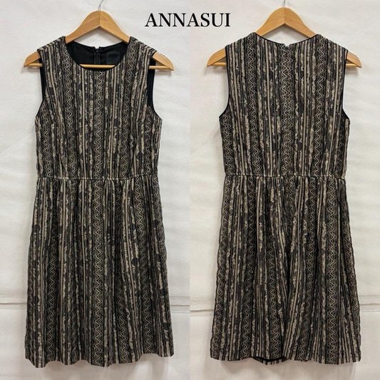 アナスイ ANNASUI ワンピース ひざ丈スカート ノースリーブ ストライプ レース ワンピース 刺繍 スパンコール 2 レース柄 黒 / ブラック / black X ベージュ / ベージュ / beige レディース USED 古着 中古 50161953
