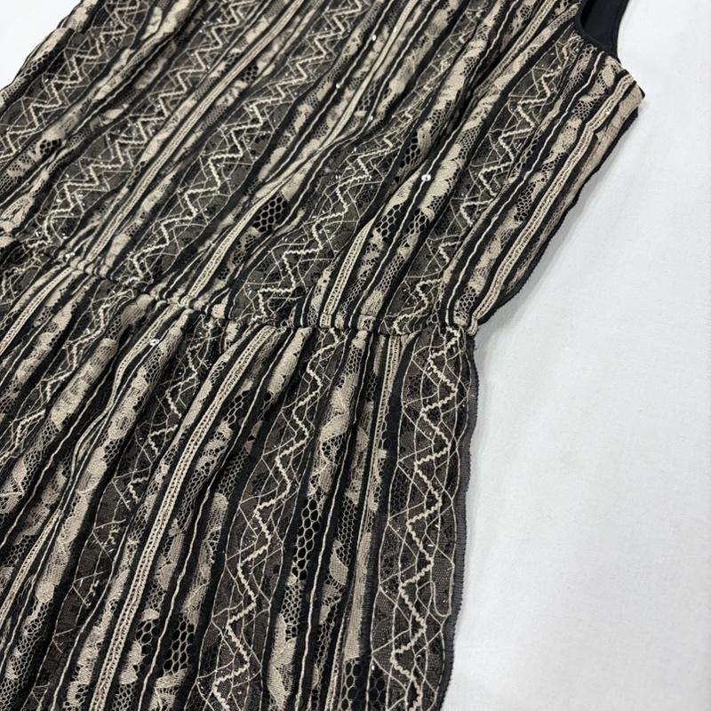 アナスイ ANNASUI ワンピース ひざ丈スカート ノースリーブ ストライプ レース ワンピース 刺繍 スパンコール 2 レース柄 黒 / ブラック / black X ベージュ / ベージュ / beige レディース USED 古着 中古 50161953