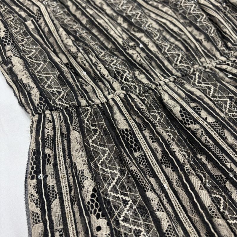 アナスイ ANNASUI ワンピース ひざ丈スカート ノースリーブ ストライプ レース ワンピース 刺繍 スパンコール 2 レース柄 黒 / ブラック / black X ベージュ / ベージュ / beige レディース USED 古着 中古 50161953
