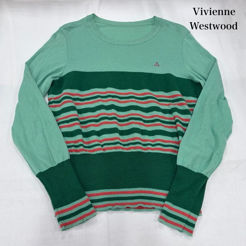 ヴィヴィアンウエストウッド Vivienne Westwood ニット、セーター 長袖 クルーネック 長袖 ボーダー オーブ 刺繍 薄手 ニット M ボーダー柄 X ワンポイント X ロゴ、文字 X 刺繍 緑 / グリーン / green レディース USED 古着 中古 50161961