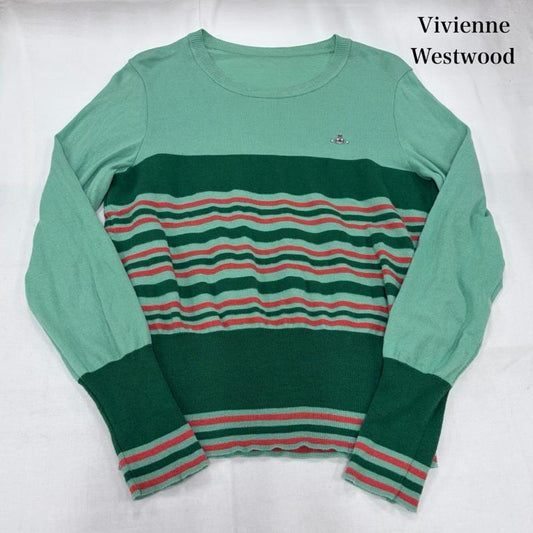 ヴィヴィアンウエストウッド Vivienne Westwood ニット、セーター 長袖 クルーネック 長袖 ボーダー オーブ 刺繍 薄手 ニット M ボーダー柄 X ワンポイント X ロゴ、文字 X 刺繍 緑 / グリーン / green レディース USED 古着 中古 50161961