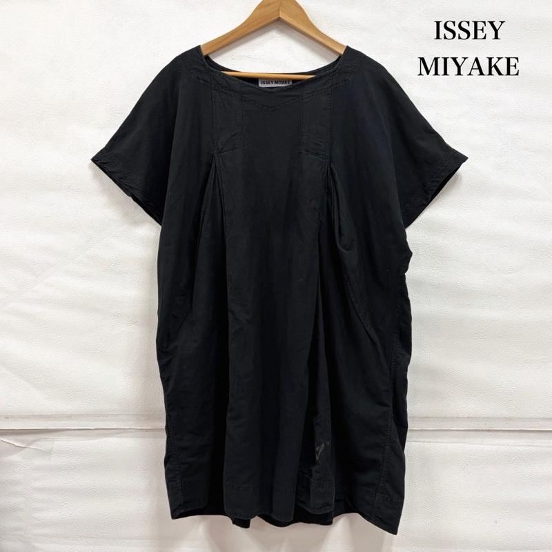 イッセイミヤケ ISSEY MIYAKE ワンピース ひざ丈スカート タックデザイン 半袖 ワンピース チュニック 2 無地 黒 / ブラック / black レディース USED 古着 中古 50161963