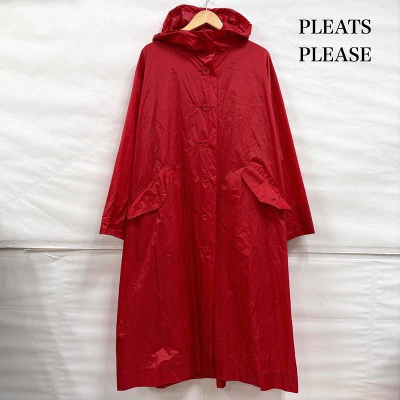 プリーツプリーズ PLEATS PLEASE コート コート一般 ISSEY MIYAKE イッセイミヤケ フード ロング レインコート ジャケット ナイロン ブルゾン 4 無地 赤 / レッド / red レディース USED 古着 中古 50161971