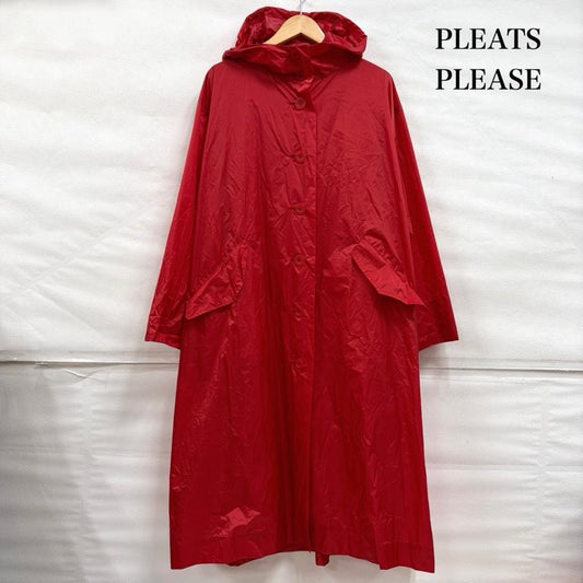 プリーツプリーズ PLEATS PLEASE コート コート一般 ISSEY MIYAKE イッセイミヤケ フード ロング レインコート ジャケット ナイロン ブルゾン 4 無地 赤 / レッド / red レディース USED 古着 中古 50161971