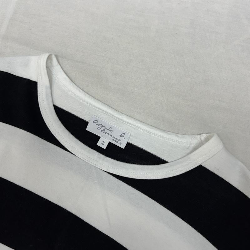 アニエス・ベー agnes b. Tシャツ 長袖 プリズナーボーダー クルーネック 長袖 Tシャツ ロンT 2 ボーダー柄 白 / ホワイト / white X 黒 / ブラック / black メンズ USED 古着 中古 50162002